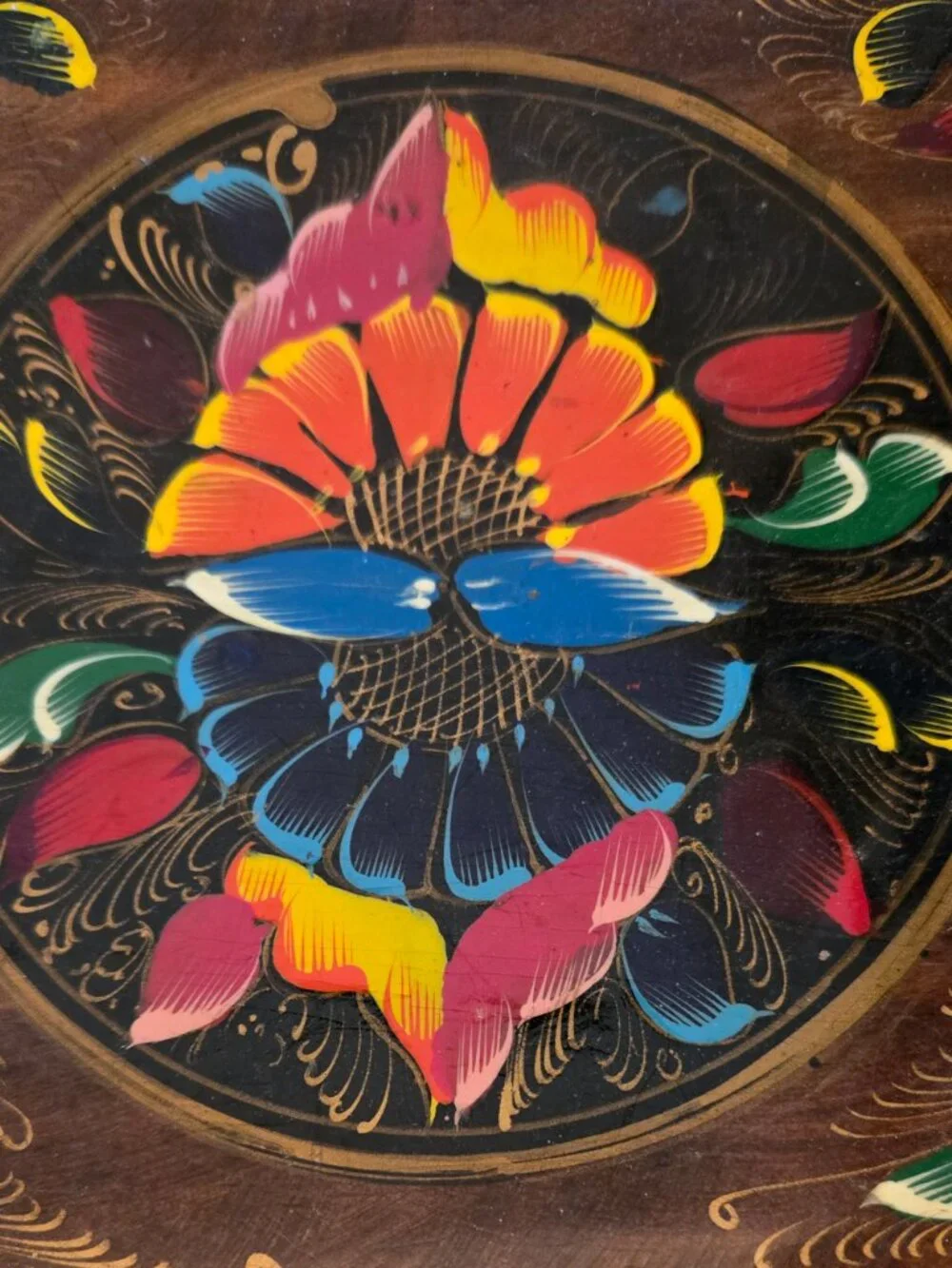 Hand Painted Mexican Folk Art Wood Oval Bowl/Tray Floral Design 11.5”x7.75